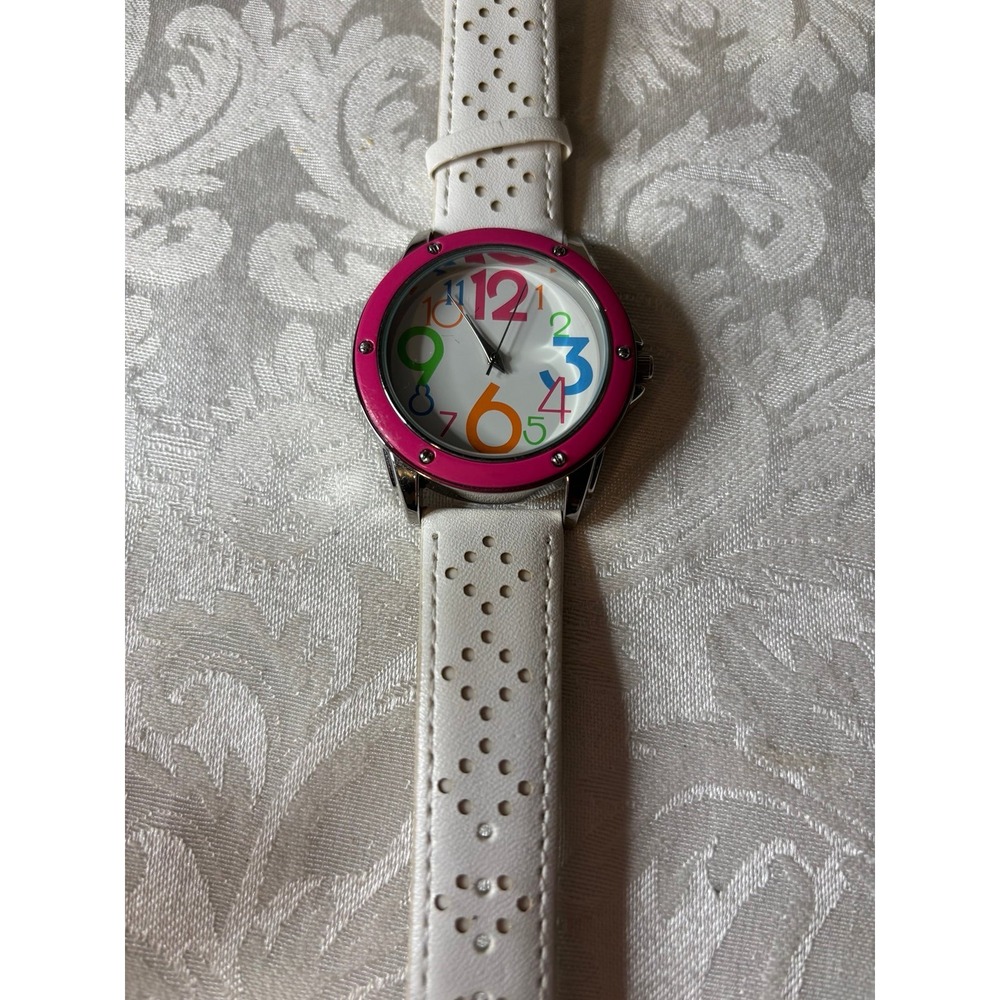Avon "Number Brights" Pink & WWhite perforated strap watch with colorful numbers